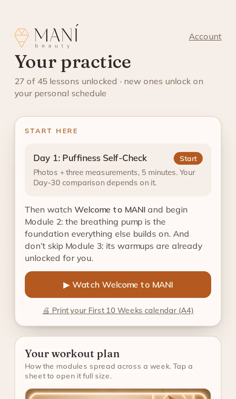 The MANI member library on a phone: progress bar, Day 1 Self-Check and the Start Here guide