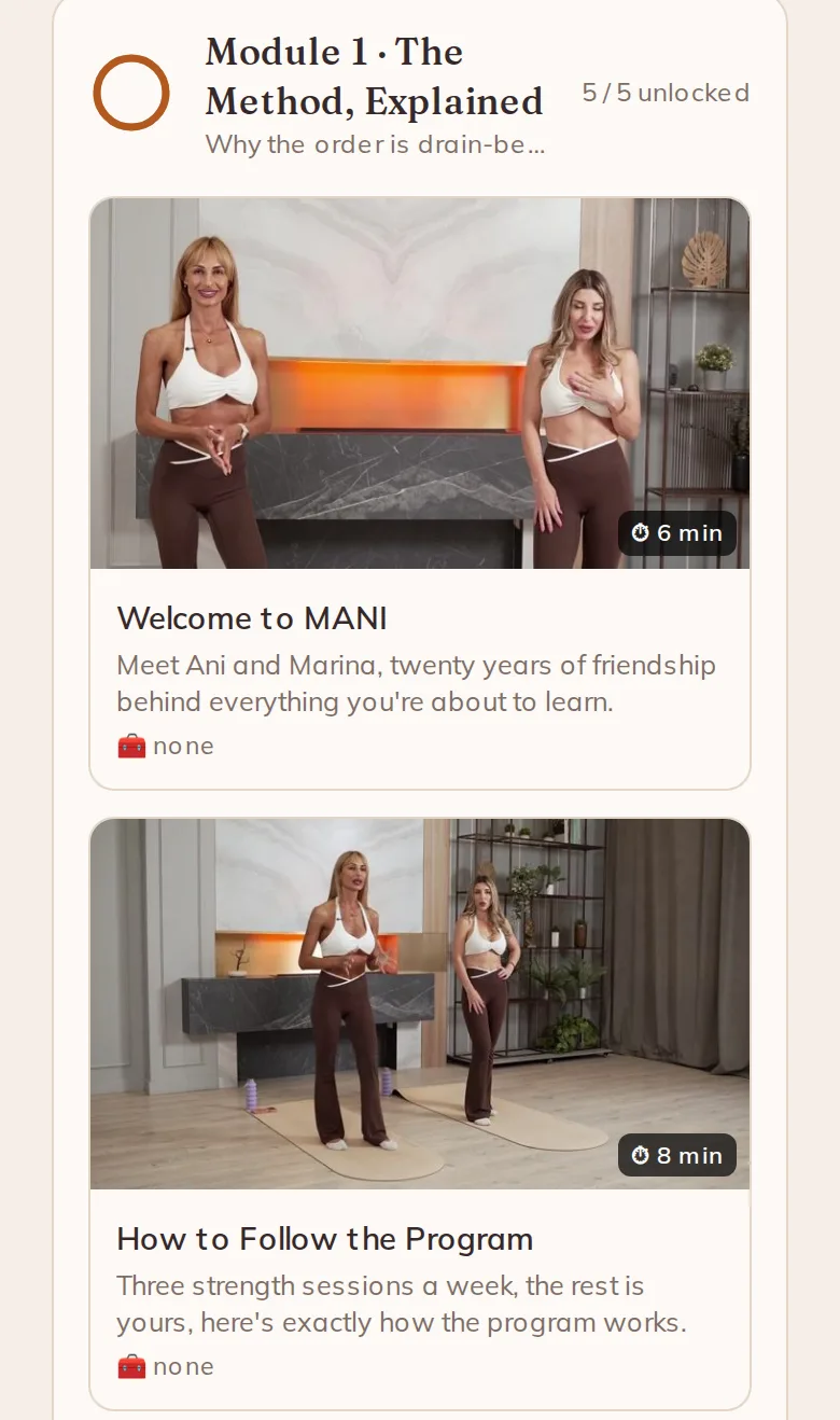 Lesson cards in the MANI library with video thumbnails, durations and equipment notes